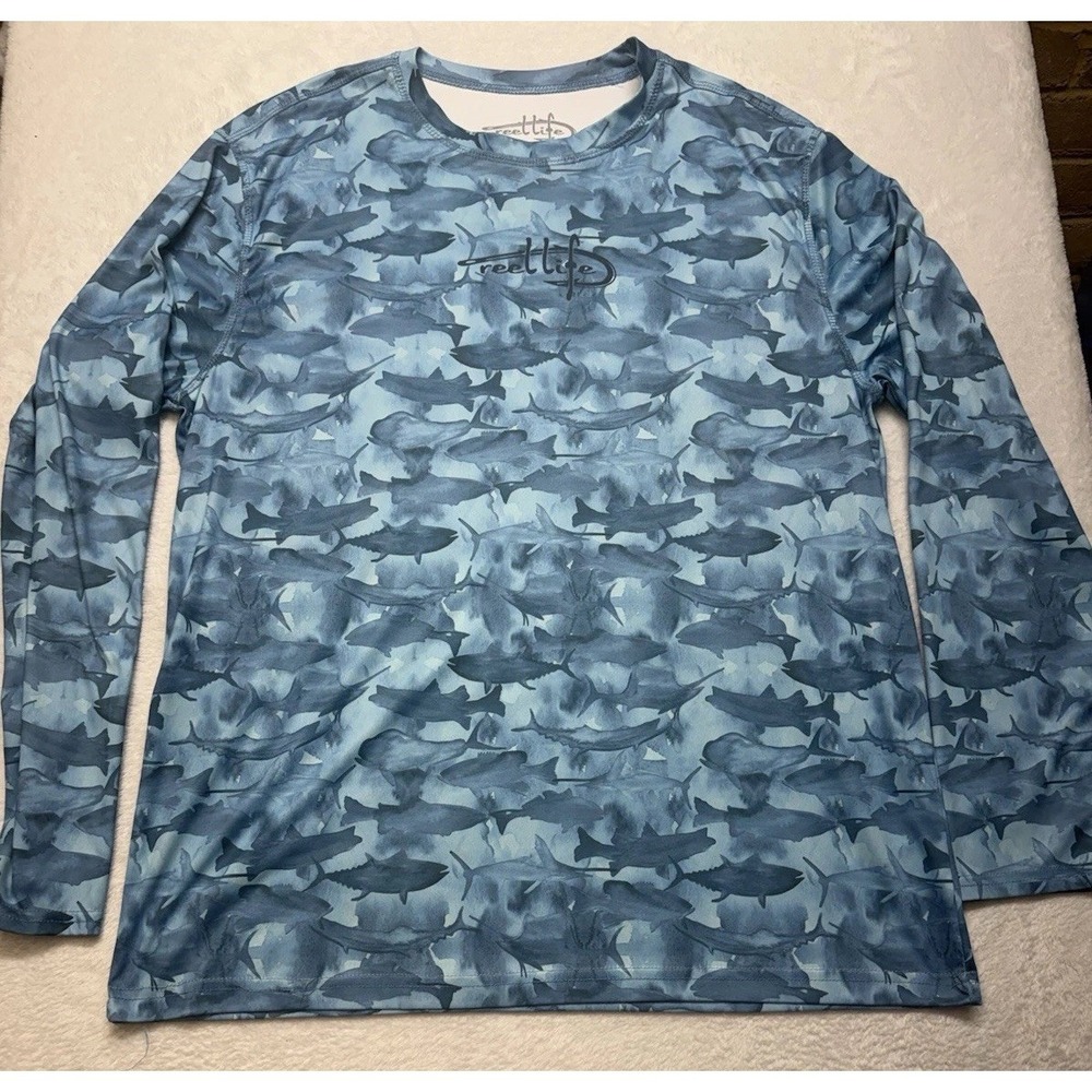 Reel Life Men's XL Fishing Shirt Long-Sleeve Blue Tuna Print Graphics SPF Sun